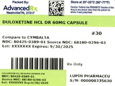 Duloxetine 60mg #30 (Duloxetine HCl Dr 60mg 80425 0389 01)